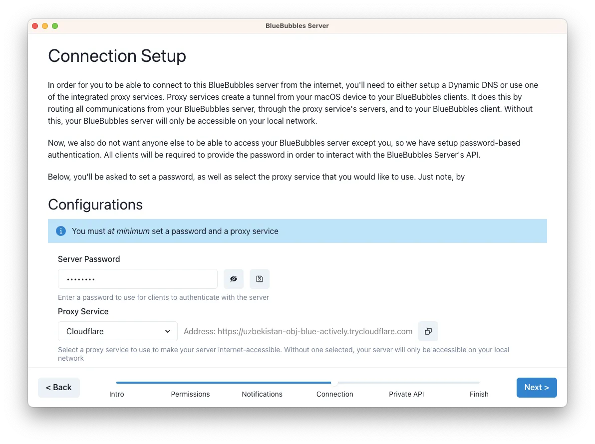 The Connection step of the BlueBubbles server setup, with the server password field and proxy service selector