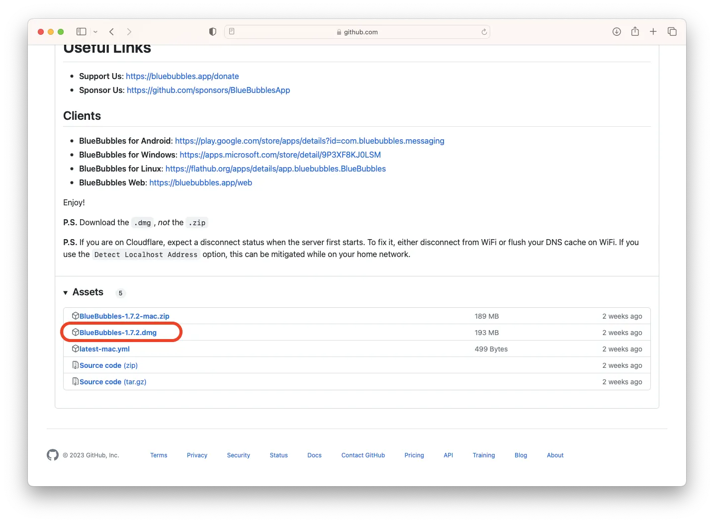 The BlueBubbles server releases page on GitHub, with the .dmg asset at the bottom of the release