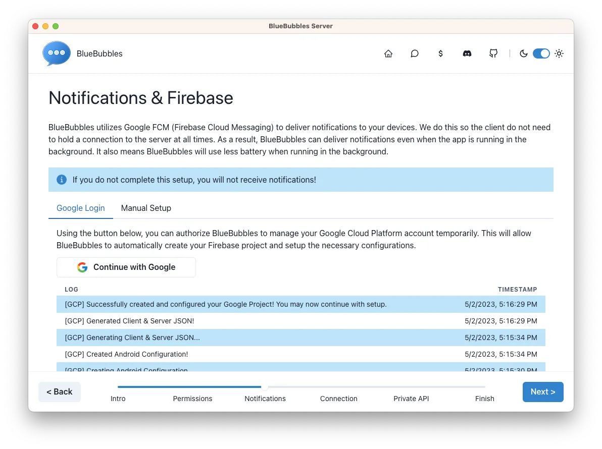 The Notifications step of the BlueBubbles server setup, showing Firebase project creation progress in the logs