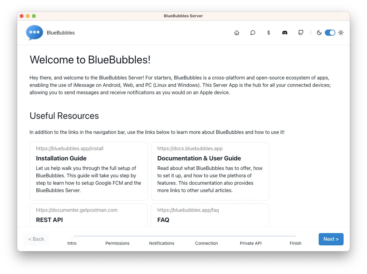 The BlueBubbles server welcome screen