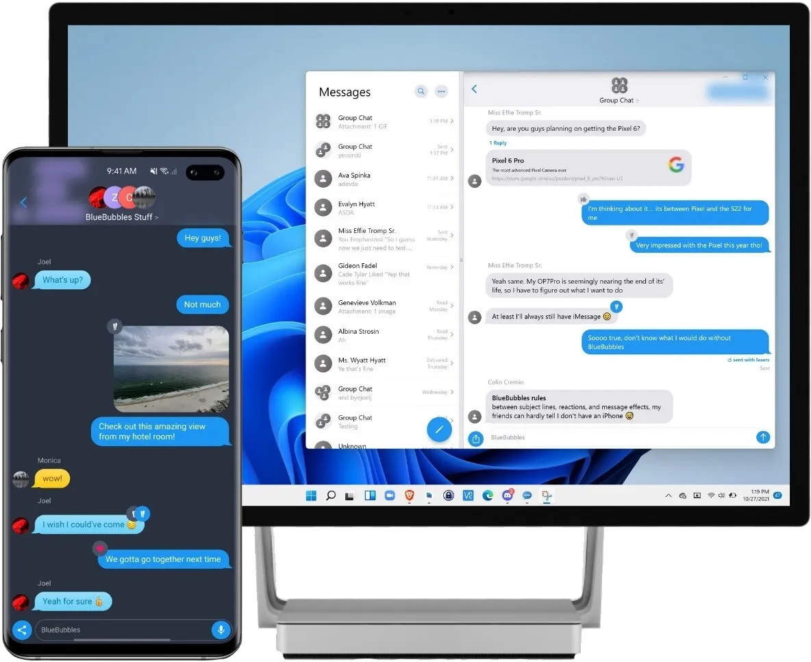 BlueBubbles running side by side on an Android phone, a Windows laptop and a Linux desktop